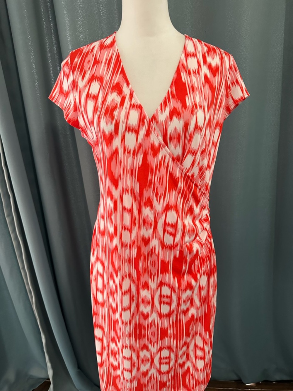 Jones New York Signature Faux Wrap Dress Women’s Large Red Pink Ikat Print